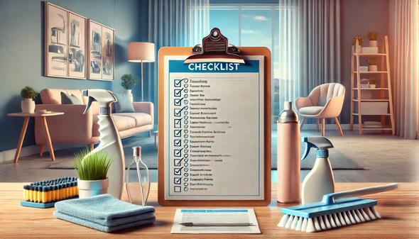 A clipboard features a neatly arranged checklist of cleaning supplies, highlighting essential items for effective cleaning.