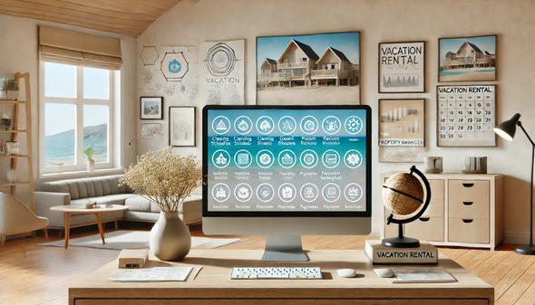 A computer monitor on a desk by a window, representing the integration of technology in vacation rental operations.