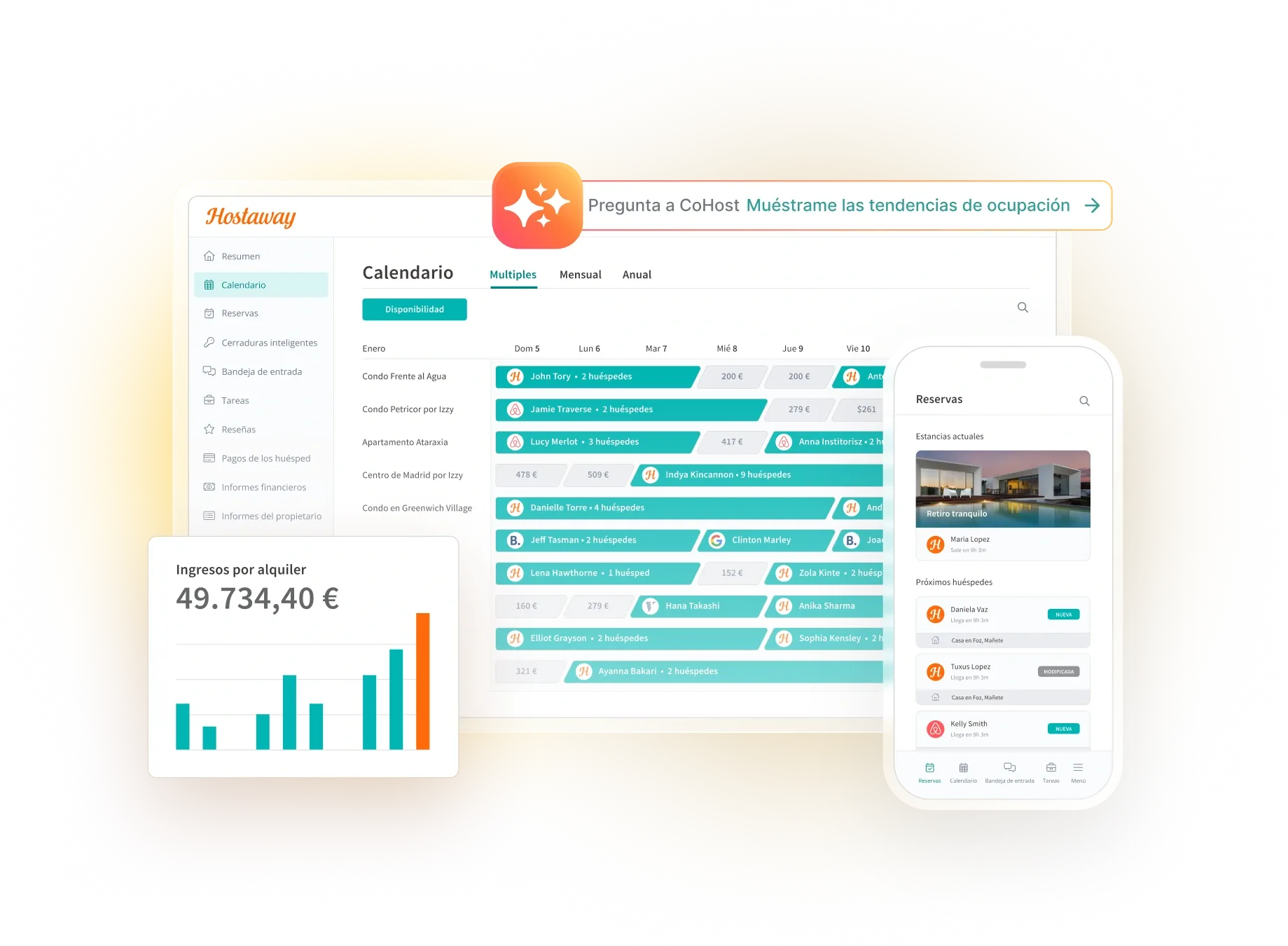 Interfaz del panel de control del software de gestión de alquileres vacacionales impulsado por la IA de Hostaway, que muestra funciones de gestión de propiedades, integración de canales y mensajería con huéspedes para Airbnb, Vrbo y Booking.com