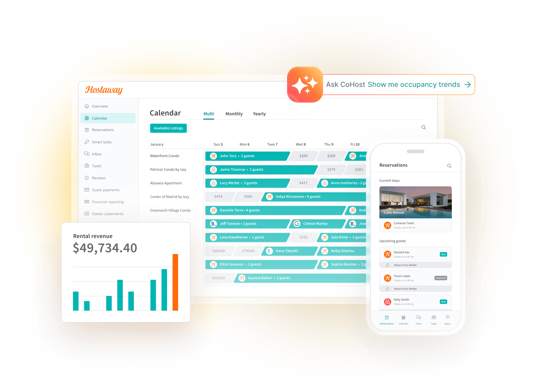 Hostaway AI-powered vacation rental management software dashboard interface showing property management, channel integration, and guest messaging features for Airbnb, Vrbo, and Booking.com