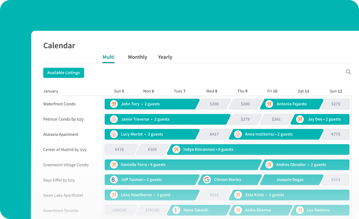 You can easily see all your listings across multiple booking channels in the multi-calendar function for better overall channel management